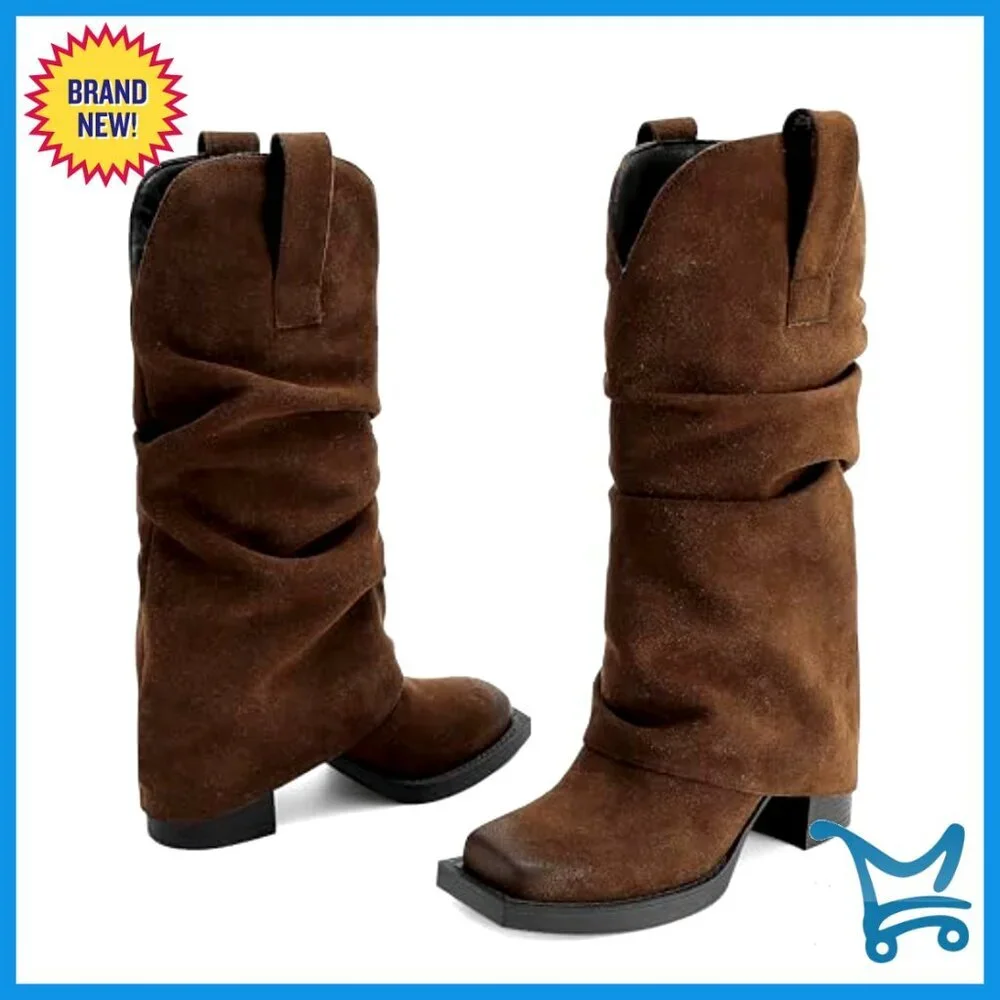 Faux Suede Ankle Boots with Chunky Block Heel Square Toe Pull On